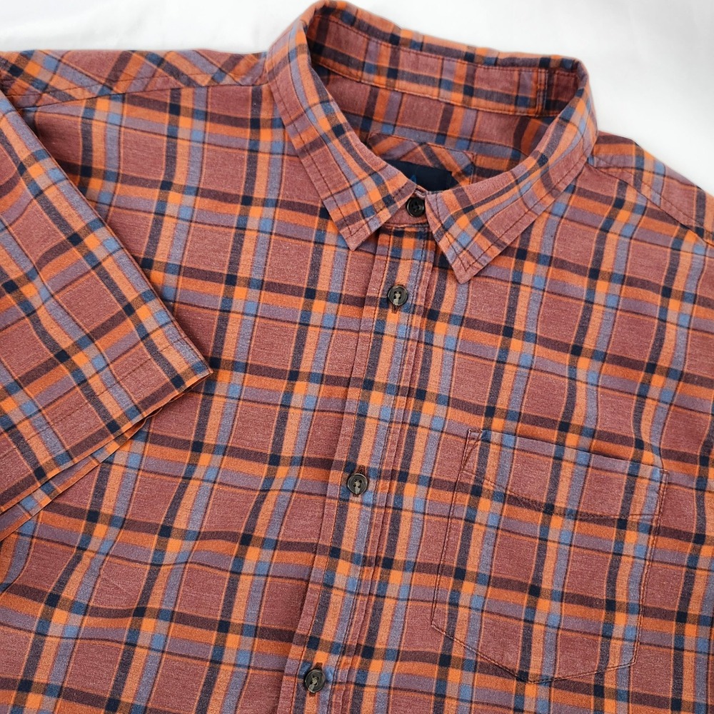 Prana Plaid Short Sleeve Camp Shirt Mens Large Earthy Outdoor Travel Adventure